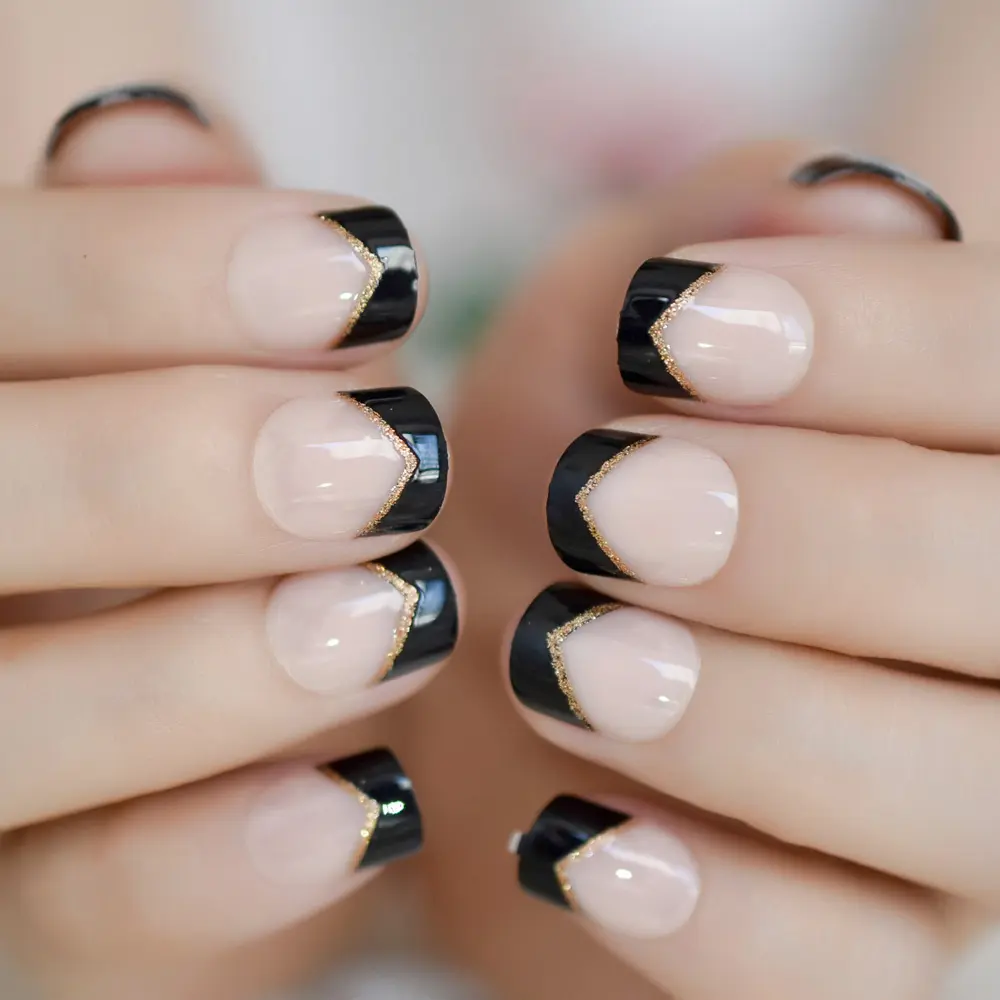 Короткий гель для французского маникюра, Черные накладные ногти с золотым блеском, декоративные натуральные накладные ногти для женщин с клейкими вкладками