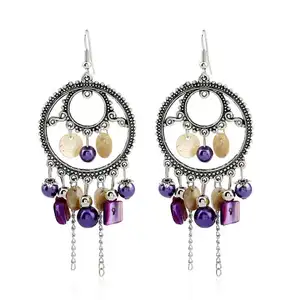 7x3.5cm 15g Fashion Bohemian Dangle Hoop Ethnic Earrings with Tassel Beads