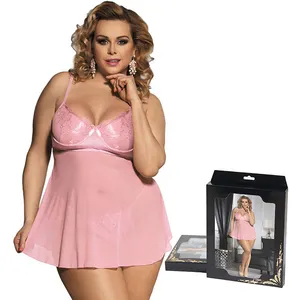 Herstellung verführer ische Spitze erotische sexy Babydoll Dessous plus Größe sexy rosa Nachthemd mit Box