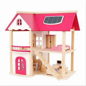 Atacado artesanal diy, madeira rosa boneca casa modelo para as meninas fingir, jogar brinquedos educativos wdhl003