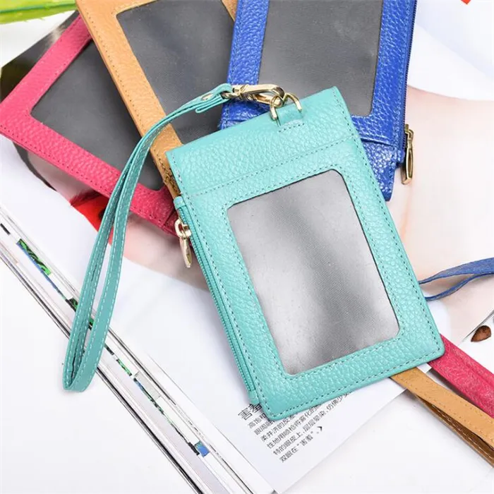 fashion multi function leather wristlet coin purse zipper id working card badge holder