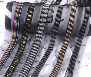 Indumento di modo di scintillio del nastro della catena della sfera del merletto trim catena di rame bordo in pizzo nero della maglia di colore del tessuto trim per la moda