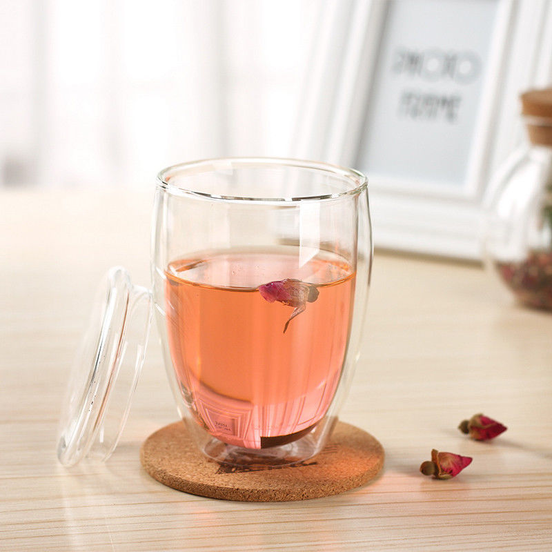 Haonai 240ml 360ml 450ml double wall borosilicate glass cup glass tea cup with wooden seal lid