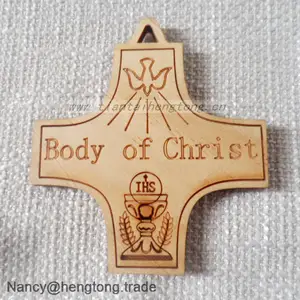 Decoratieve lasersnijden hout cross, gesneden houten kruisbeeld hanger met letters Body van Christus kelk peacebird