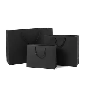 bolsa de papel de regalo negro Suppliers-Bolsas de mano personalizadas, al por mayor, de cartón negro, papel Kraft, para ropa de comida, regalo de compras