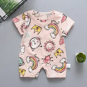 Sommer bequeme atmungsaktive Baumwolle Großhandel niedlichen Cartoon Katze Regenbogen Druck Stram pler Baby Mädchen Kleidung in heißen Verkauf