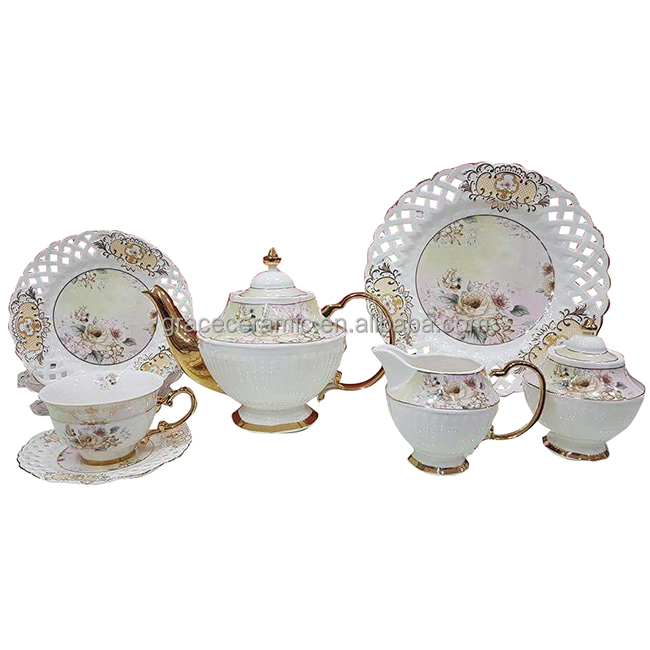 Guangdong Fine Porcelain Ceramic Bone china Rose 24pcs Antique Tea Set made in china