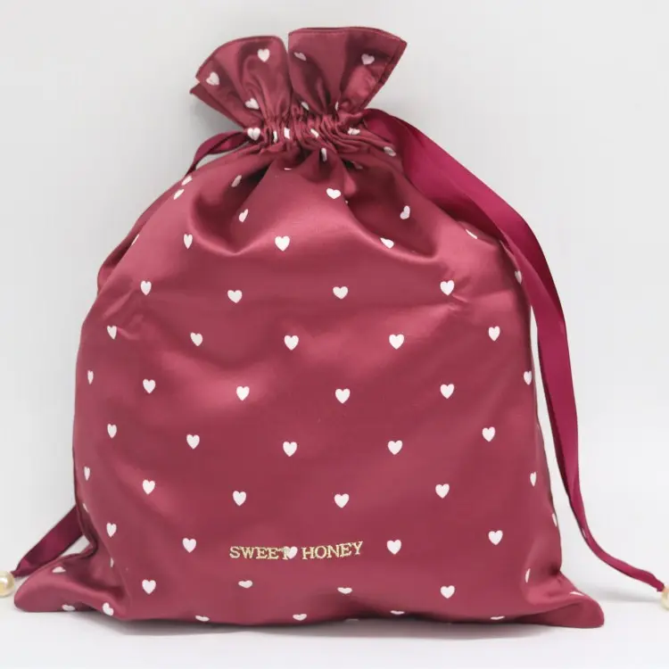 Özel Logo yumuşak kırmızı saten ipek toz torbası için saç uzatma peruk demetleri çanta eşarp yastık paketi İpli