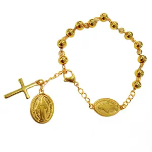 Olivia Gold Religious Cross Virgin Mary Charm Catholic Accessories Woman Rosary Gold Bracelet