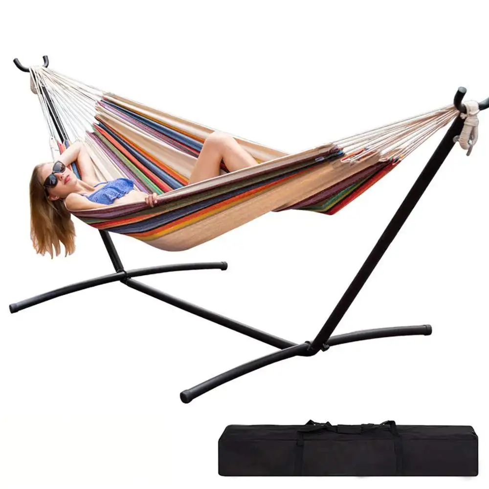 Hamaca de lona para acampar al aire libre con soporte de acero para ahorrar espacio, hamaca colgante, cama, silla plegable portátil