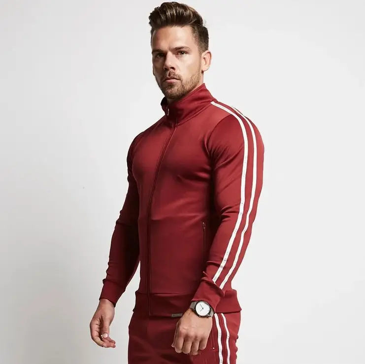 Son tasarım moda spor erkek güzel spor eşofman takımı OEM eşofman takımları yan şerit ile kırmızı siyah renk