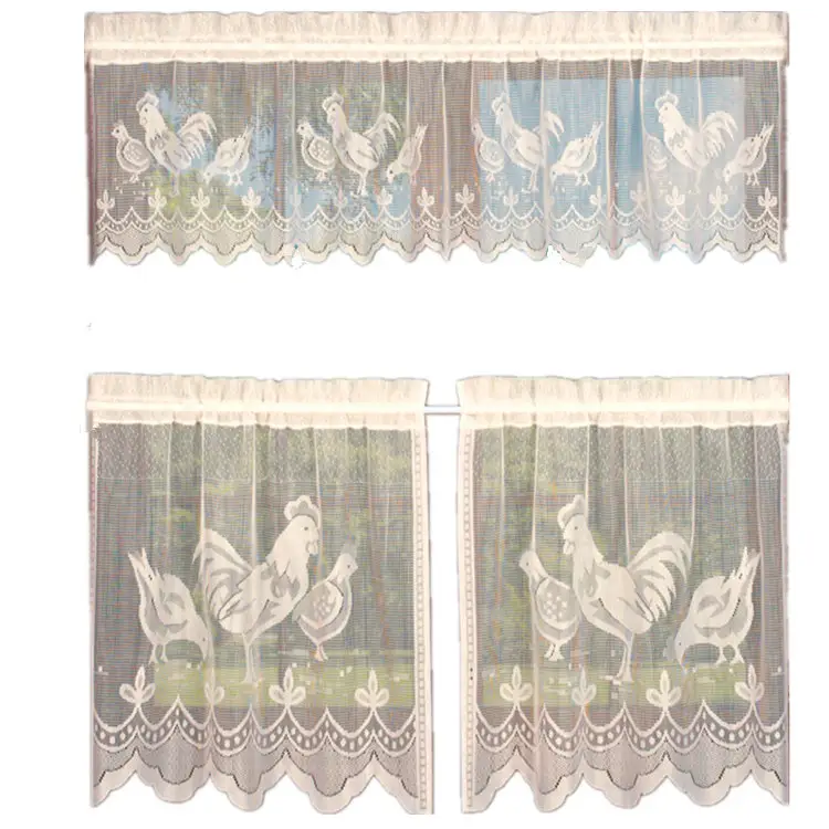 Rooster Wholesale Curtain Lace Valances And Tiers For Patio Doors 3PCS Kitchen Curtain Made In China