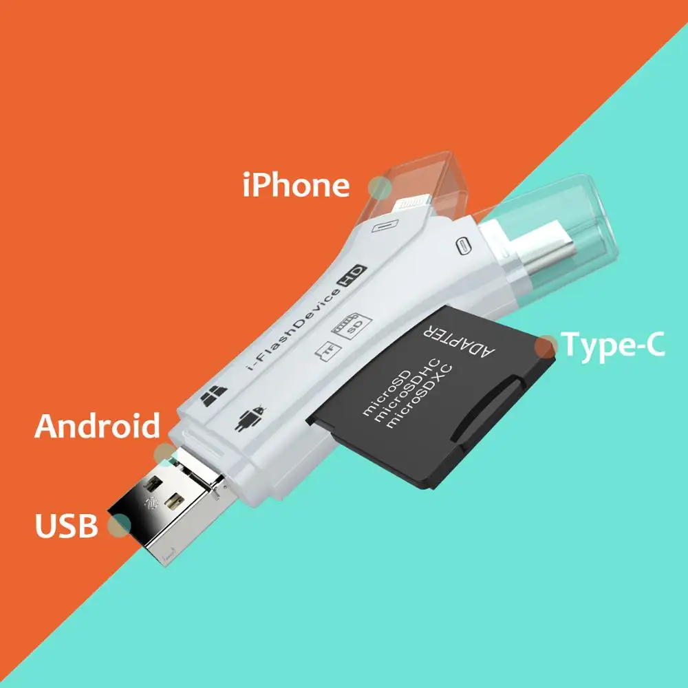 เซินเจิ้นร้อน4 In 1แบบพกพาการ์ดหน่วยความจำอ่านอะแดปเตอร์ไมโคร USB ประเภท C สำหรับ iPhone Samsung Android