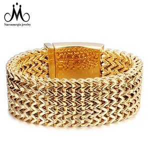 Brazalete ancho de oro de 18K para hombre, brazalete pesado de malla de acero inoxidable