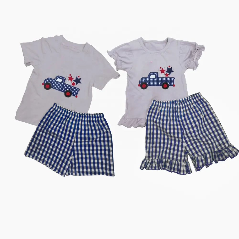 2019 Puresun 7月4日独立記念日トラックアップリケ卸売ブティック服セット子供男の子と女の子のマッチング服