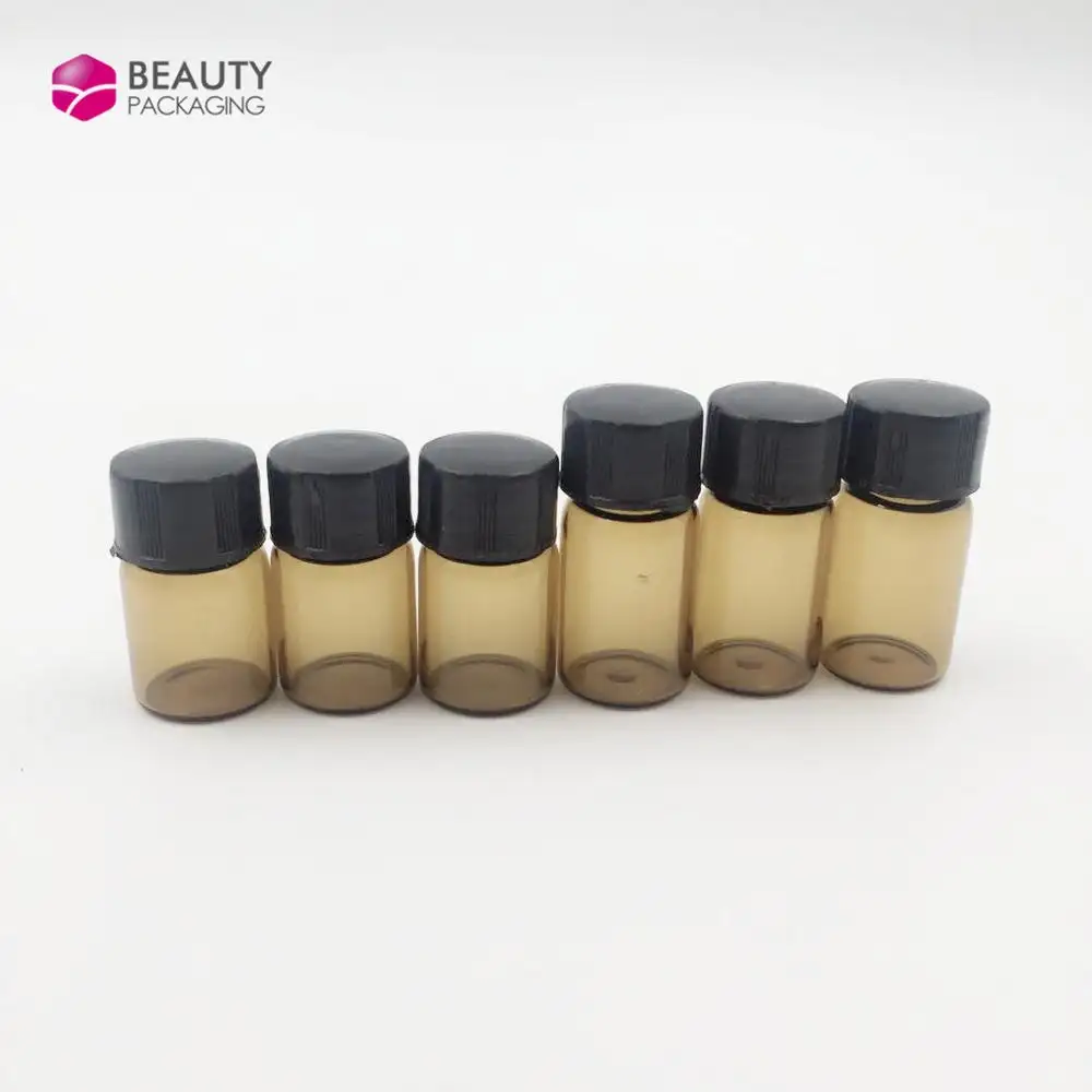 1ml 2ml 3ml round amber glass bottle tube small glass vial with black plastic cap for cosmetic packaging