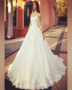 Brand A-Line Beading Bridal Gown Lace Applique Wedding Dress Strapless Sleeveless vestido de noiva Dersign wedding down