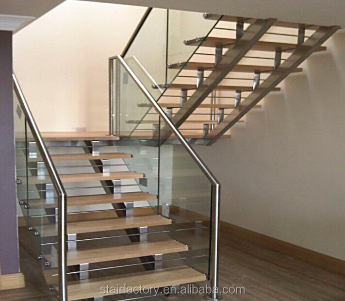 Современная домашняя лестница использовано внутреннее стеклянные перила лестницы Крытый твердой древесины протекторах и стеклянные перила лестницы TS-384