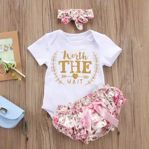 3 teile/satz niedliche Neugeborene Baby kleidung, die die Wartezeit wert ist Baby Bodysuit Stram pler Rüschen Tutu Rock Shorts Stirnband Outfits