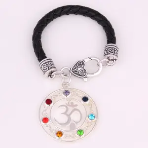 bracelet 7 person Suppliers-IMG 8491 Fashion Vintage OM Pendant Leather Bracelet Personalize 7 Chakra Crystal Yoga Bracelet