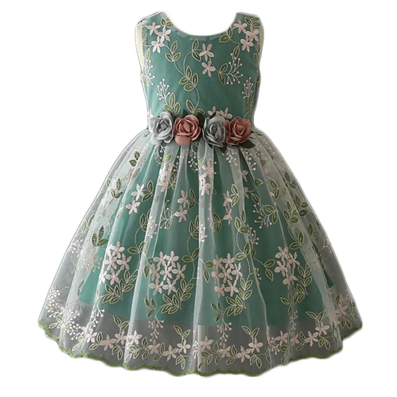Último diseño hermoso verde vintage flor niña smocked vestido de bautizo