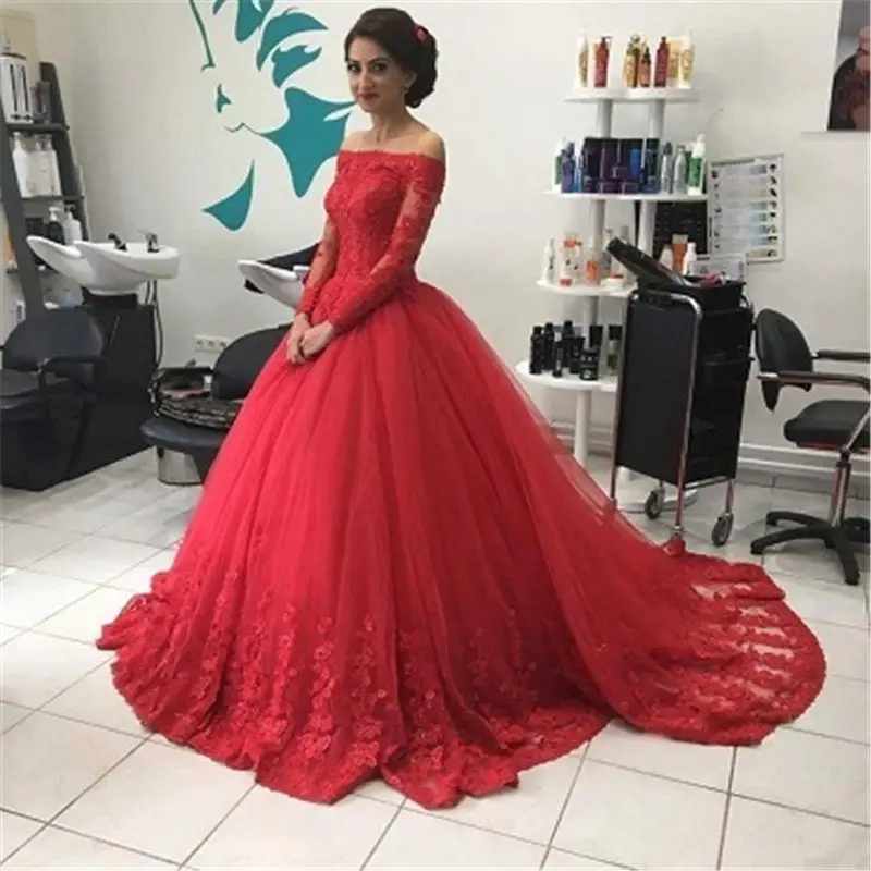 Turquía personalizado nupcial bola vestido rojo elegante de manga larga vestido de boda