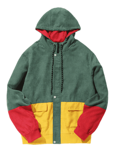 Roi jeunes hommes vert jaune <span class=keywords><strong>rouge</strong></span> contraste couleur bloc Patchwork deux poches à la main velours côtelé à capuche veste vestes d'hiver - Product Image 2