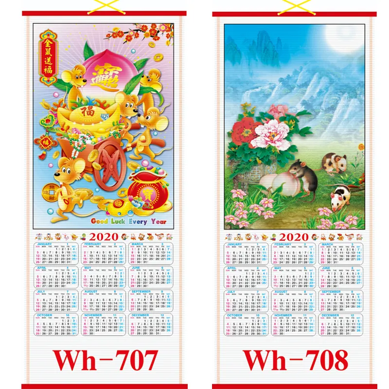 Calendario de desplazamiento de pared chino, imagen de rata, logotipo personalizado de la empresa de impresión personalizada, calendario de basculante para recuerdo, 2020