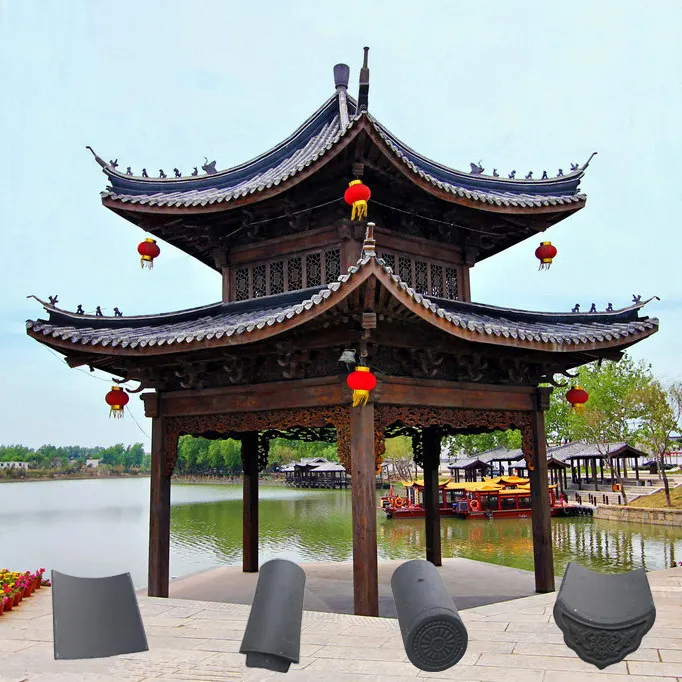 Diseño de pagoda hexagonal con tejas de arcilla de estilo chino