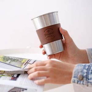 Costume portable en cuir pour camping en plein air, logo <span class=keywords><strong>personnalisé</strong></span>, cadeaux promotionnels, manches en cuir, <span class=keywords><strong>tasse</strong></span> café en acier inoxydable, 10oz 14oz, 50 pièces - Product Image 5