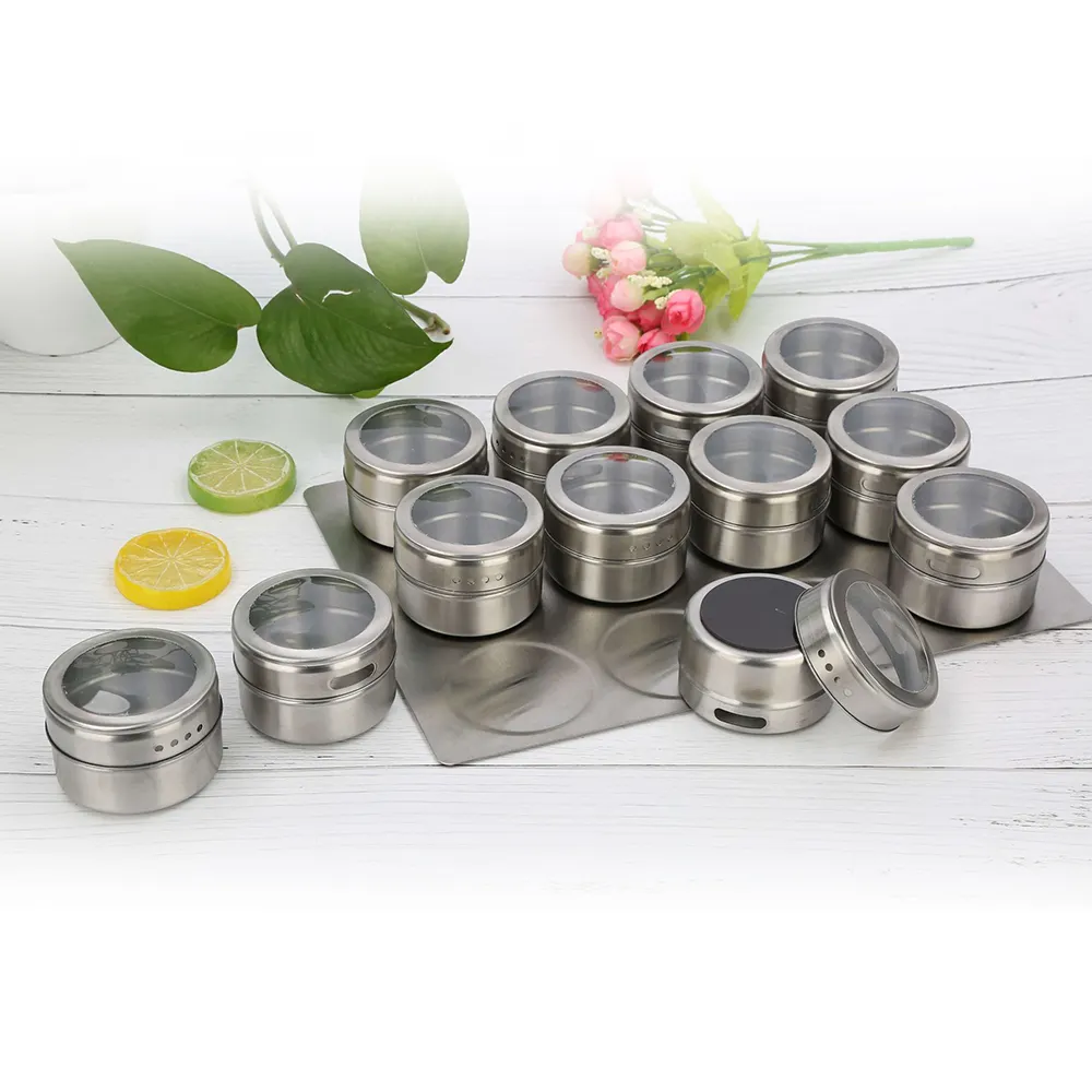 Color Box Support Magnetic Spice Jar Bottle Shaker Tins Set Herb & Spice Tools Stainless Steel with Steel Board 12 Pcs OPP Bag