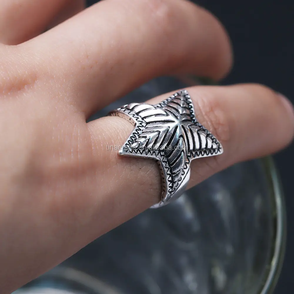 Edelstahl Schwarz Silber Vintage fünfzackigen Stern Pentagramm Ring für Männer Frauen