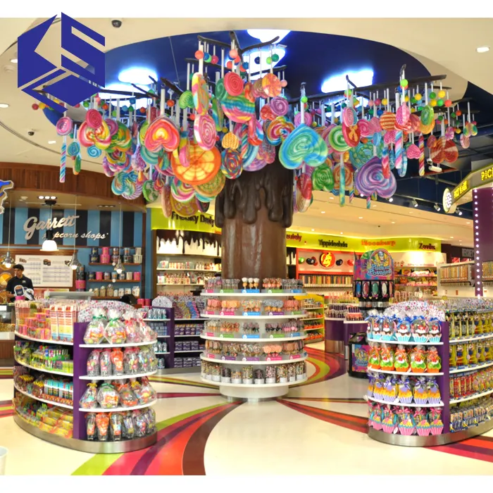 Heißer verkauf candy shop interior design süße shop display ständer holz candy store leuchten