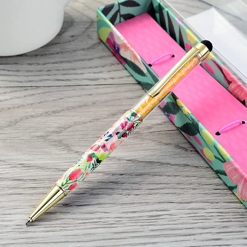 Özel metal malzeme kalemler 2 in 1 Kapasitif Dokunmatik Ekran Stylus Tükenmez Kalem çiçek desenli hediye promosyon kalemler