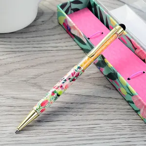 定制金属材料笔 2 合 1 电容式触摸屏手写笔圆珠笔与花卉图案礼品促销笔
