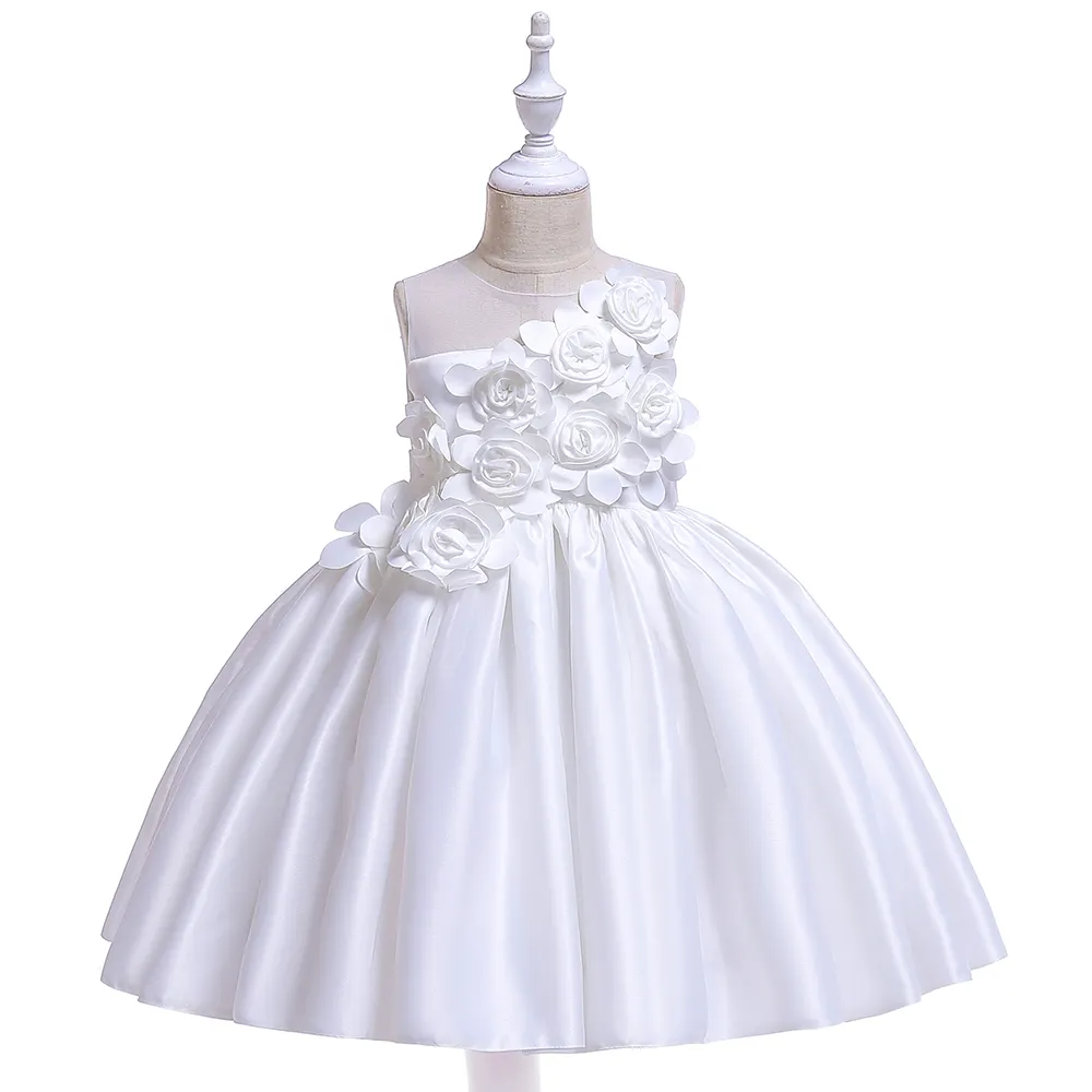 Hot Sale Girls Summer Casual Dress Kids Frock Designs Baby Rose Flower Satin Ball Gown Prom Dress