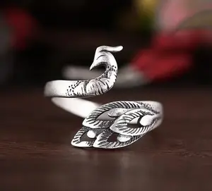 Chica última plata 925 gran oferta abierto diseño de anillo de pavo real