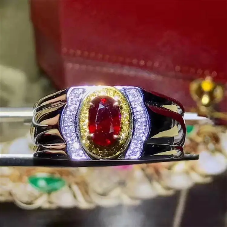 サウジアラビア高級宝石ジュエリー18Kゴールド南アフリカ本物のダイヤモンド0.8ct天然鳩血赤ルビーリング男性用