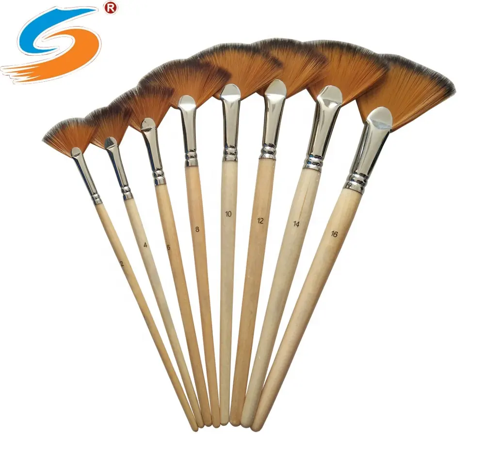 High quality fan nylon hair natural handle artist paint brush sets