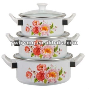 Pot à cuire <span class=keywords><strong>imprimable</strong></span> de sauce à Cookware d'émail réglé par PCs des pots 3 de fleur orange de conception de mode - Product Image 1