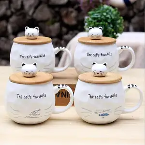 UCHOMEかわいい猫スタイルセラミックマグコーヒーティー木製のふた付きのユニークな磁器マグ