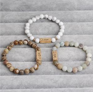 Hope Love Faith Blessed Stretch Metal Plate Engraved Message Stone <strong>Bead</strong> <strong>Bracelet</strong> - Product Image 5