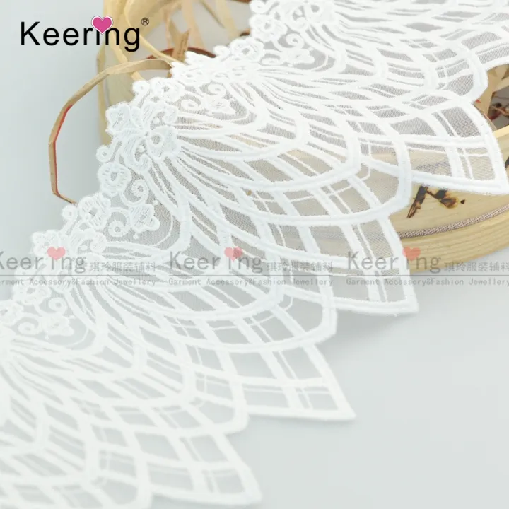 Leave White cotton Embroidery lace designs trim with stripe