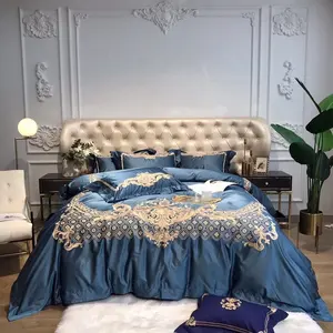 卸売ヨーロッパの宮殿ゴールデン刺繍コットンサテン掛け布団羽毛布団カバーディープブルー絹のような高級寝具セット