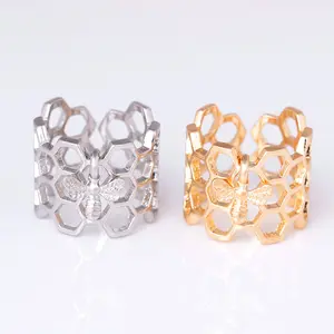 wholesale lovely fashion ring jewelry charm shaped personality ring honeycomb cute bee hollow hexagon insect ring for gift
