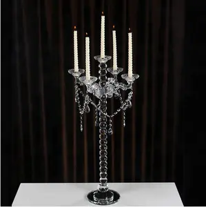 Cheap tall 5 arms crystal candelabra wedding table centerpieces with crystal hanging lights on sale