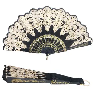 Black Spanish Style Dance Party Wedding Lace Silk Folding Hand Held Flower Fan