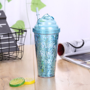 Logotipo personalizado de helado de doble pared reutilizable transparente brillo vaso de plástico taza mágica para beber <span class=keywords><strong>con</strong></span> tapa y pajita - Product Image 4