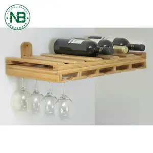 Bamboo wall mounted wine hanging storage bottle rack with glass holder