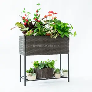 Rieten Plant Stand Indoor Outdoor Verhoogde Rechthoekige Planter Box, Verhoogde Bloempot Stand Houder Met Plank, zwart Metalen Frame